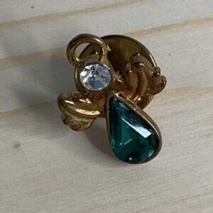 Vintage Gold Tone Angle Lapel Pin With Green Clear Rhinestones